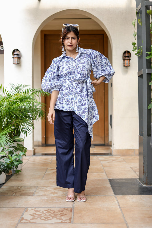 Blue Bloom Asymmetric Coord Set – Chic & Effortless