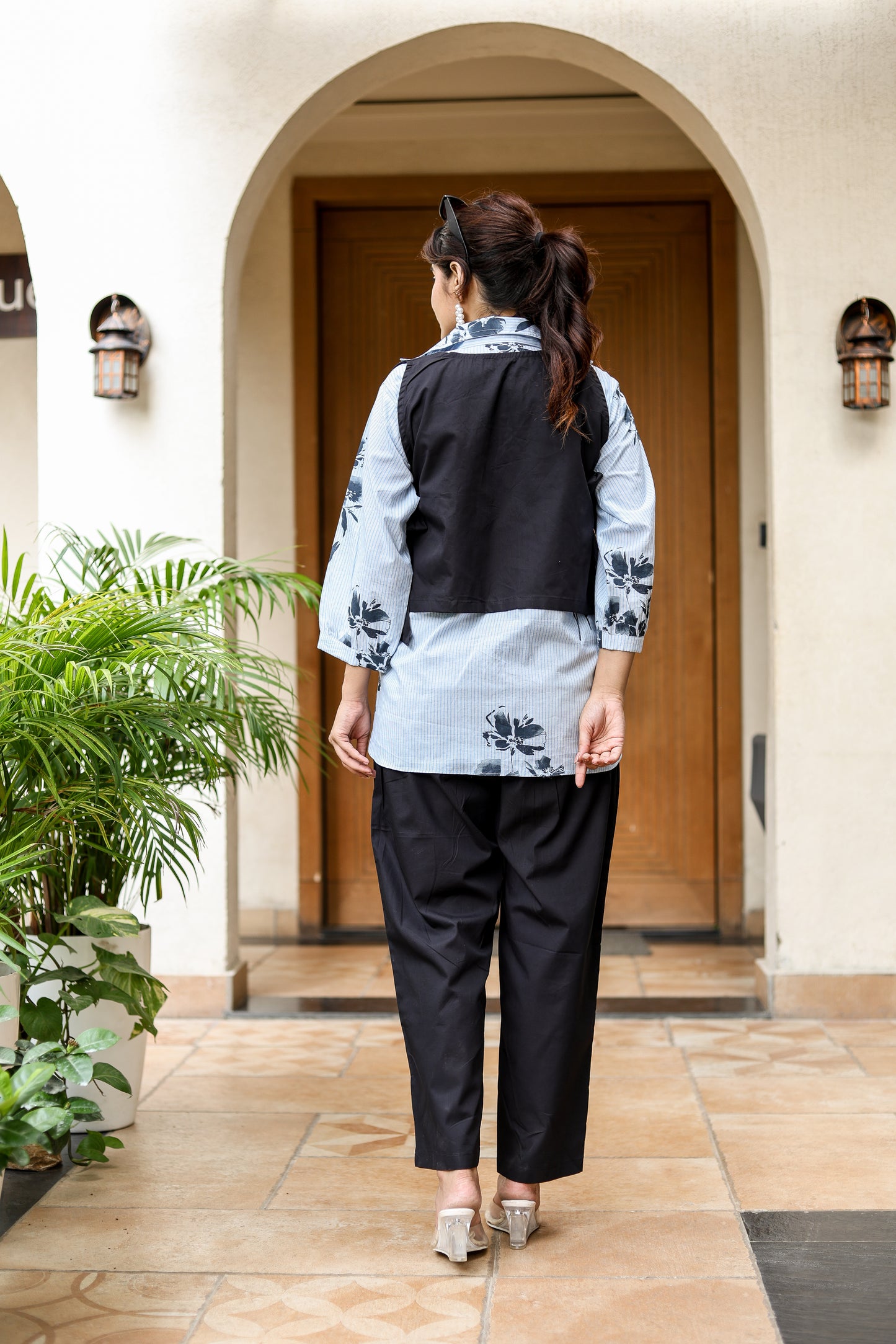Blue Stripe Shirt & Black Overlay Coord Set