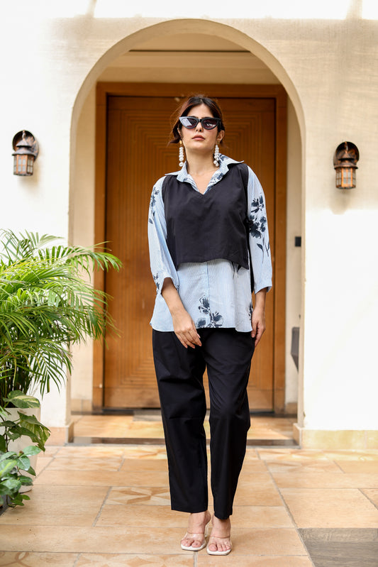 Blue Stripe Shirt & Black Overlay Coord Set