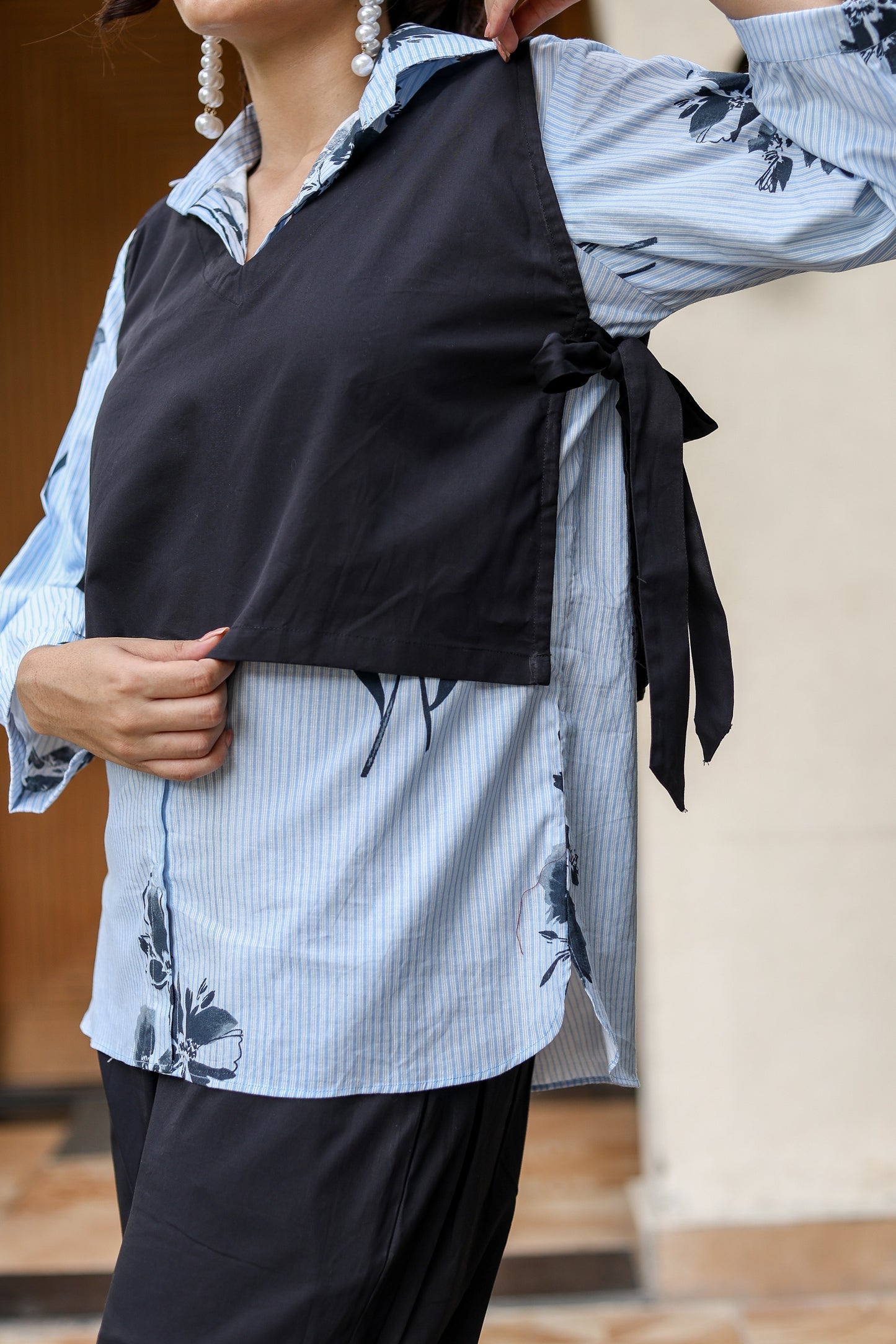 Blue Stripe Shirt & Black Overlay Coord Set