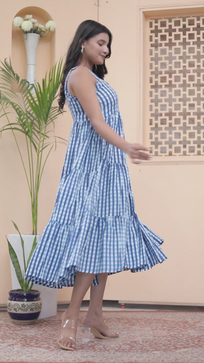 Blue Gingham Tiered Maxi Dress