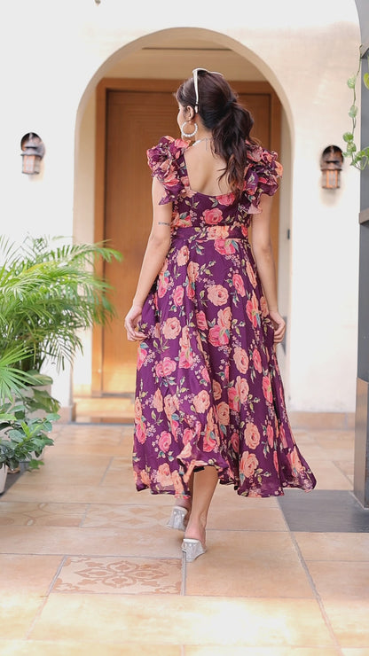 Plum Floral Ruffle Sleeve Dress – Elegant & Playful