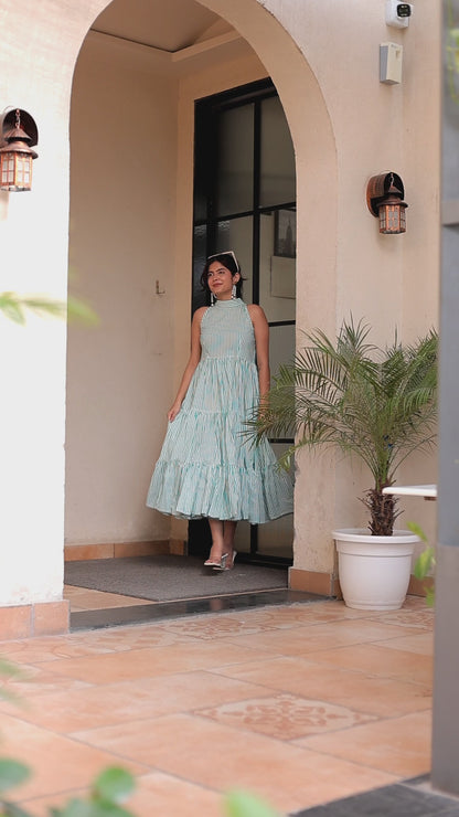 Green Striped Halter Neck Bow Dress – Chic & Breezy