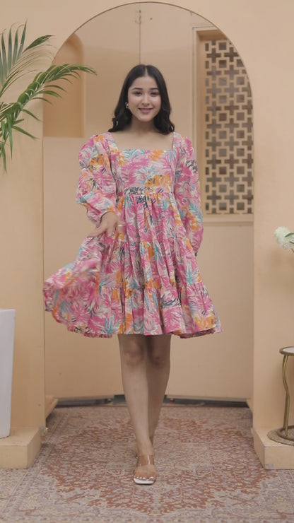 Tropical Pink Floral Flared Mini Dress