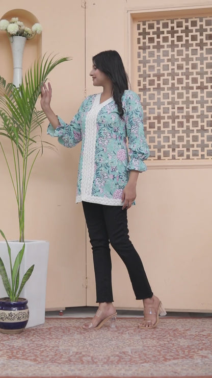 Aqua Floral Print Short Kurti with Lace Detailing