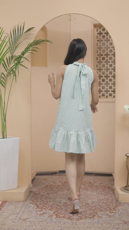 Green Striped Halter Neck Flared Dress