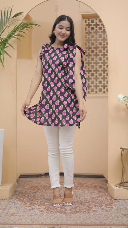 Black & Pink Floral Sleeveless Short Kurti
