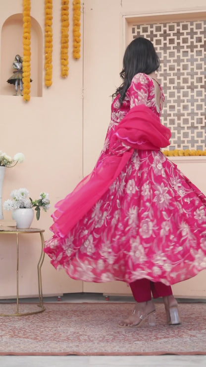 Magenta Floral Anarkali Suit Set with Dupatta