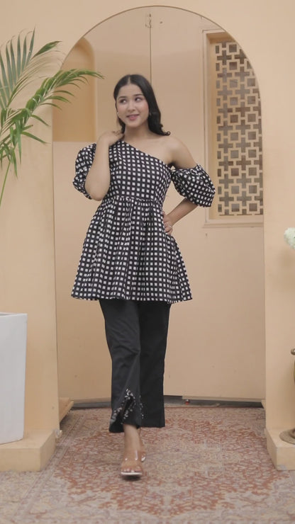 Black & White One-Shoulder Co-ord Set with Statement Sleeves