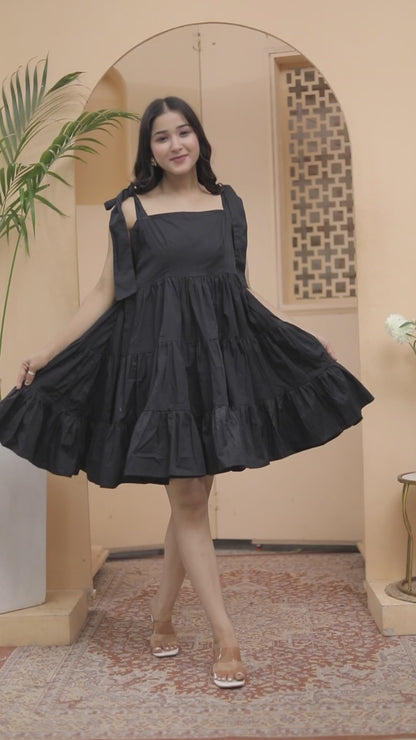 Black Tiered Sleeveless Dress with Tie-Up Straps