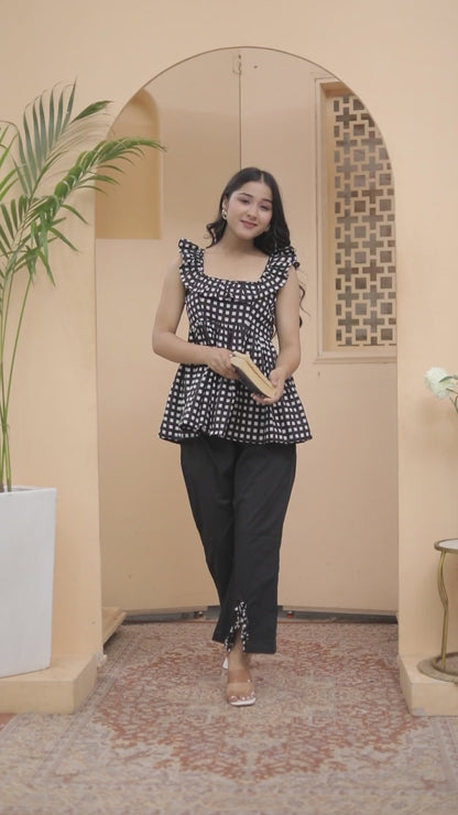 Black & White Checkered Co-ord Set with Ruffle Top