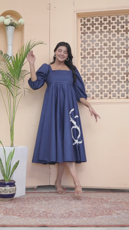 Navy Blue Bloom Embroidered Midi Dress