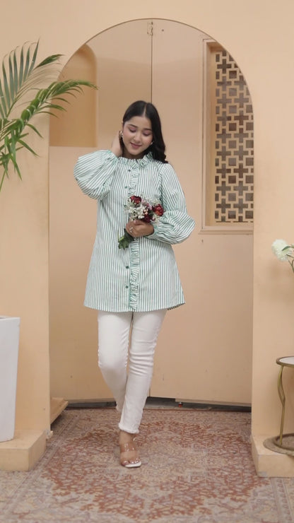 Green Striped Ruffle Detail Shirt Tunic