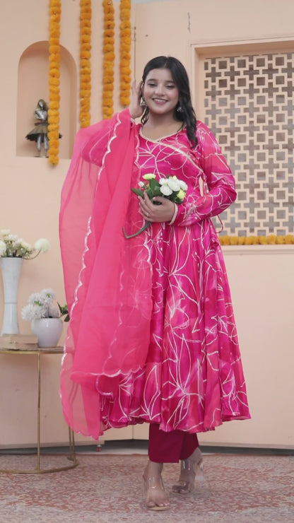Magenta Handblock Foil Printed Anarkali Set with Dupatta